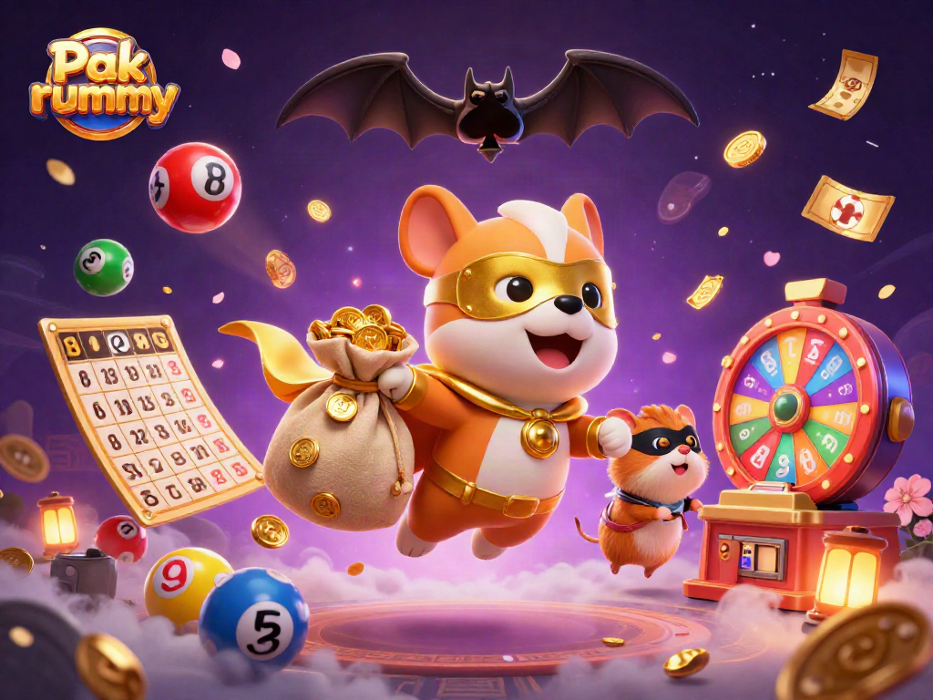 Engage with Pak rummy in this vibrant scene of a superhero dog and sidekick amidst casino symbols.
