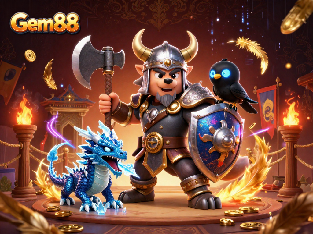 Engage with Gem88's vibrant scene featuring a Viking wolf warrior and a fierce dragon in a dynamic casino arena.