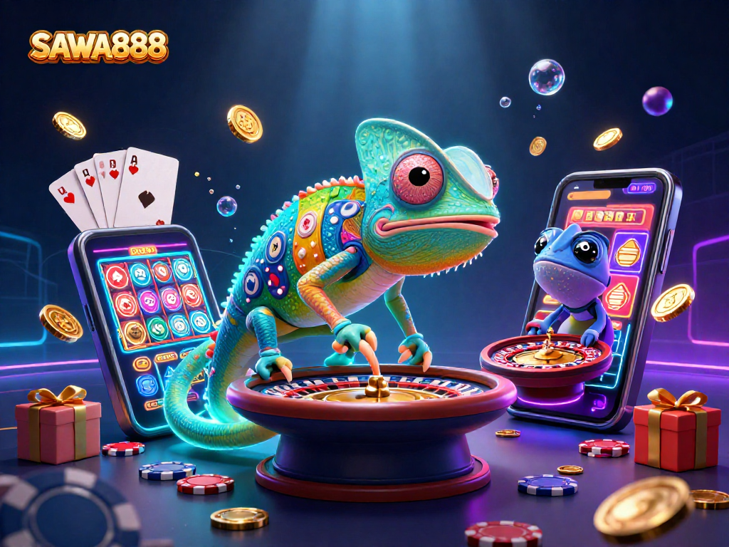 Experience thrilling wins with SAWA888's vibrant cartoon casino scene featuring dynamic gaming elements.