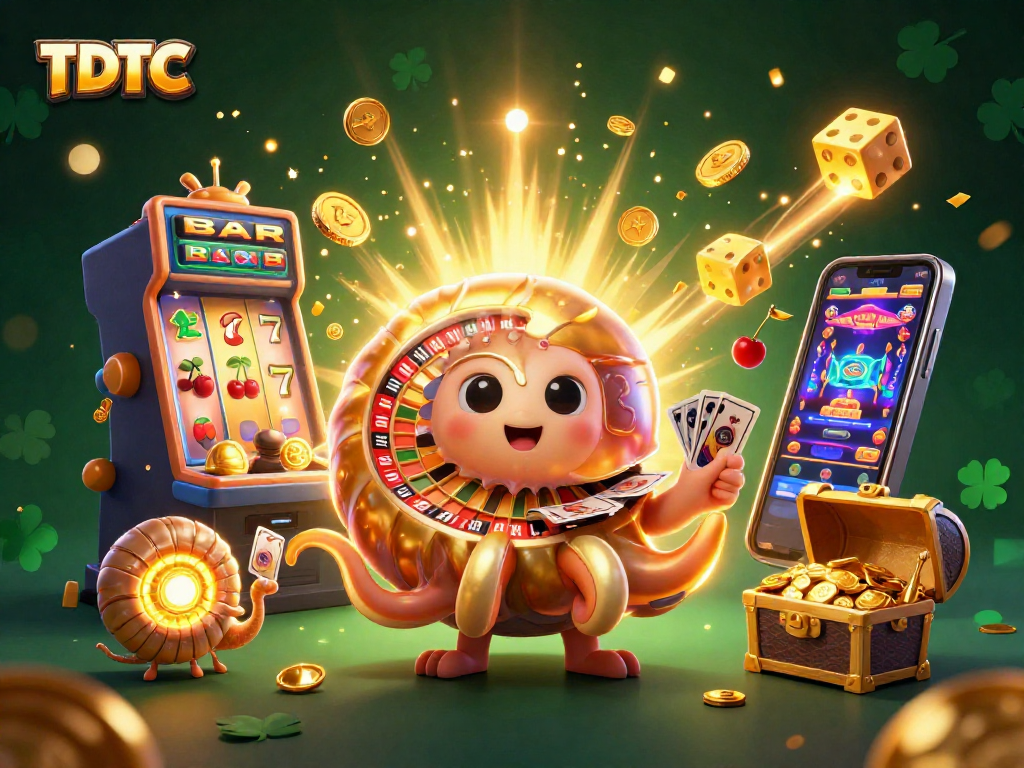 Experience TDTC's thrilling jackpot scene featuring a giant nautilus with glowing ammonites, dynamic slot action, and casino elements.