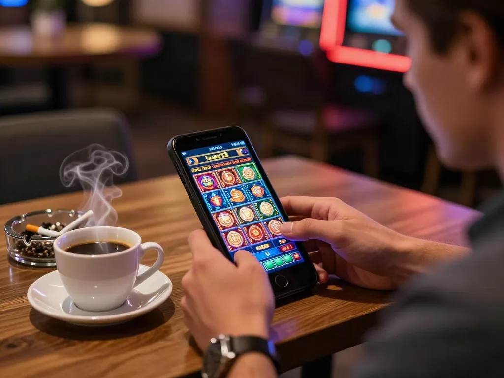 Enjoying luxury12 slots at a café with coffee, vibrant graphics, and relaxed atmosphere.