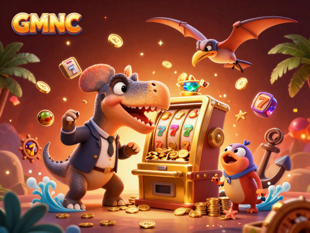 GMNC showcases a pachycephalosaurus winning slots with golden coins flying amidst vibrant casino excitement.