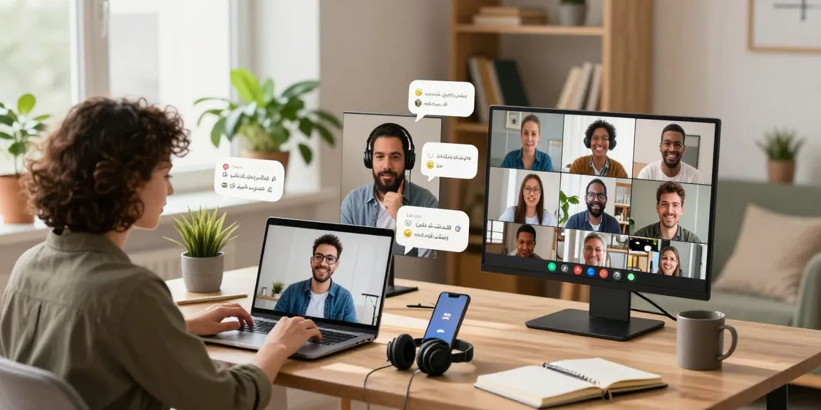 Engaging شات عربي conversation scene with diverse people on video calls.