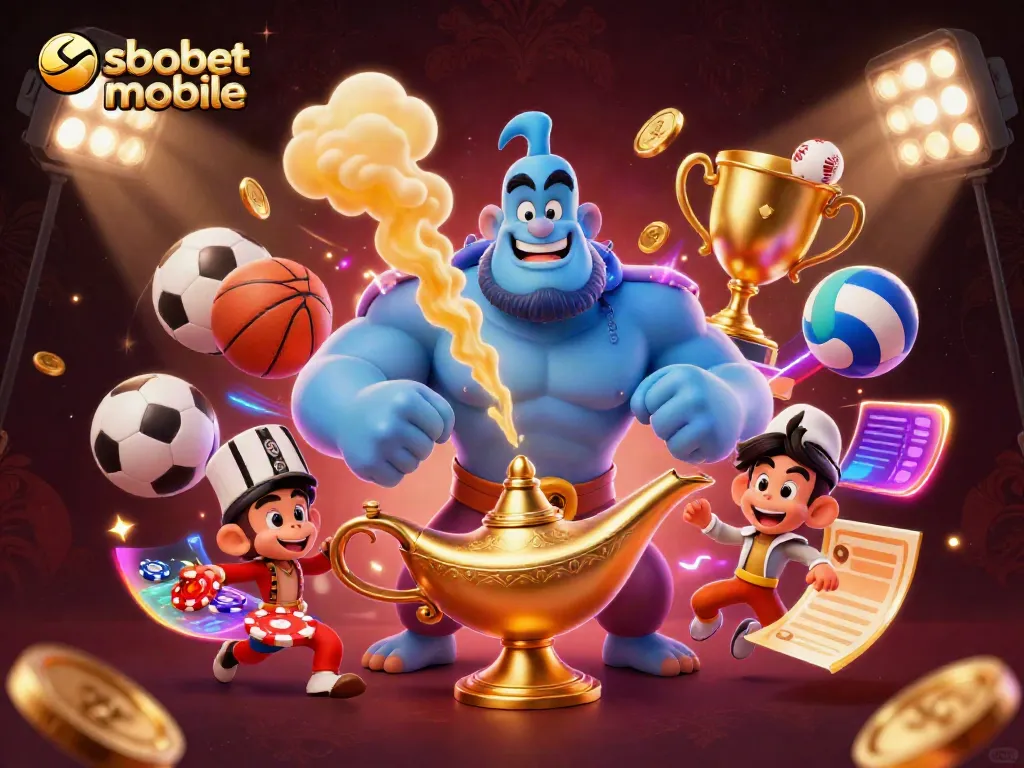 Experience sbobet mobile sports betting action with a dynamic, colorful casino-themed illustration.