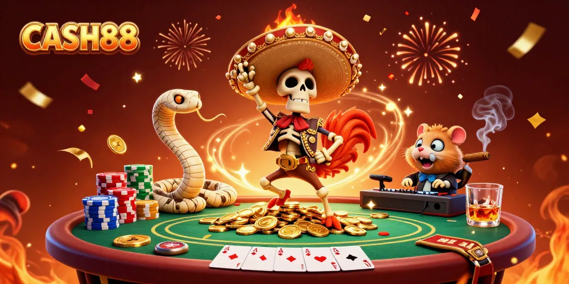 CASH88 brings excitement with a vibrant 3D scene featuring a triumphant mariachi rooster and colorful poker elements.