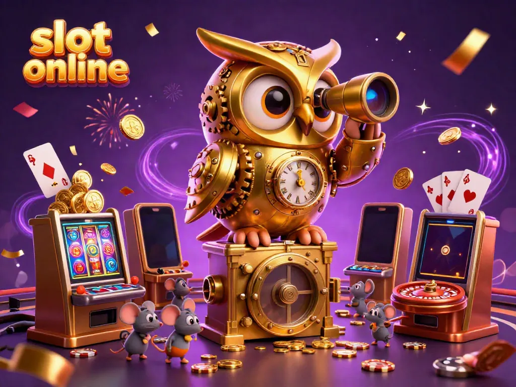 Experience thrilling slot online action with a dynamic owl and wind-up mice in a vibrant casino scene.