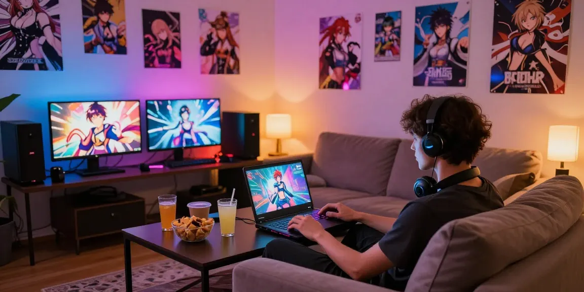 Engaging gamer playing hentai games in a cozy lounge with vibrant lighting and snacks.