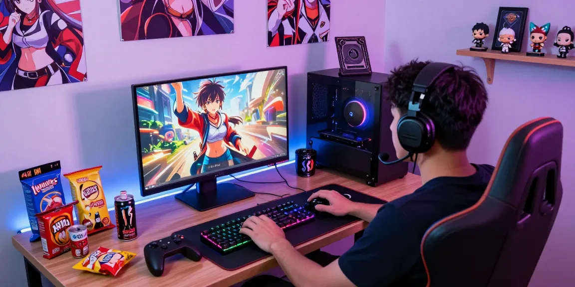 Gamer enjoying a hentai game in immersive setup with colorful lighting and collectibles.