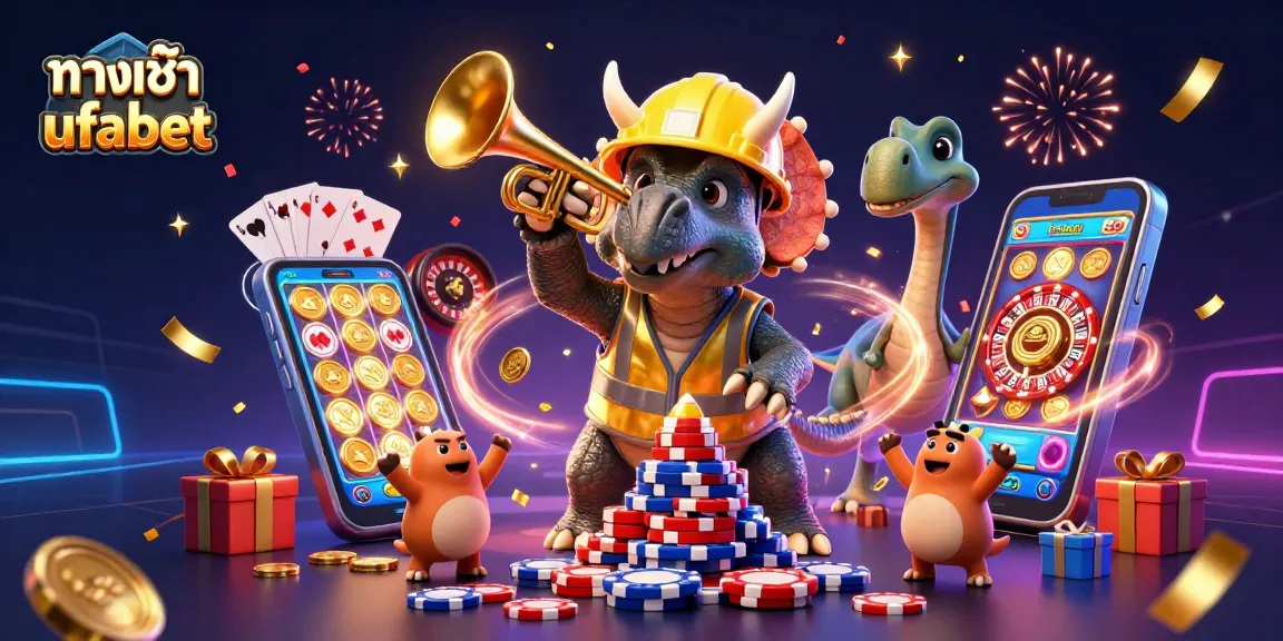 Engage in ทางเข้าสำรอง ufabet as a triceratops builds poker chip pyramid surrounded by vibrant casino elements.