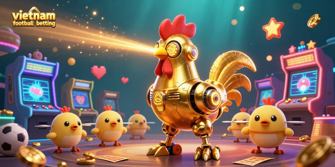 Engage in vibrant vietnam football betting with a golden rooster robot and arcade elements.