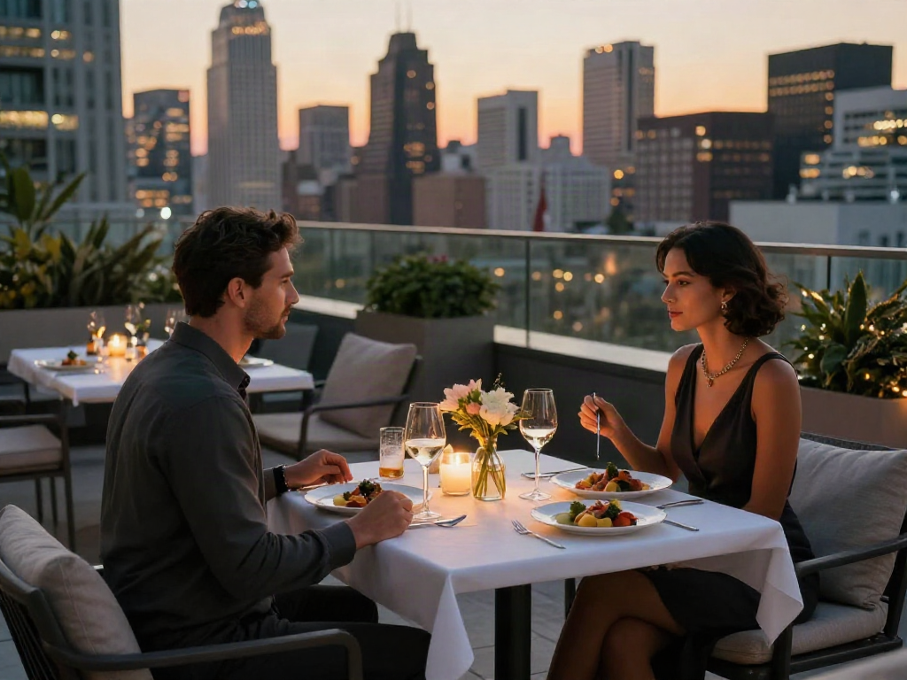 Pasangan menikmati pengalaman luxury111 di rooftop dengan suasana romantis.