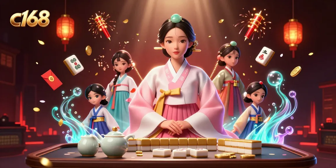 Experience the excitement of c168 as elegant Asian characters engage with vibrant mahjong tiles and festive elements.