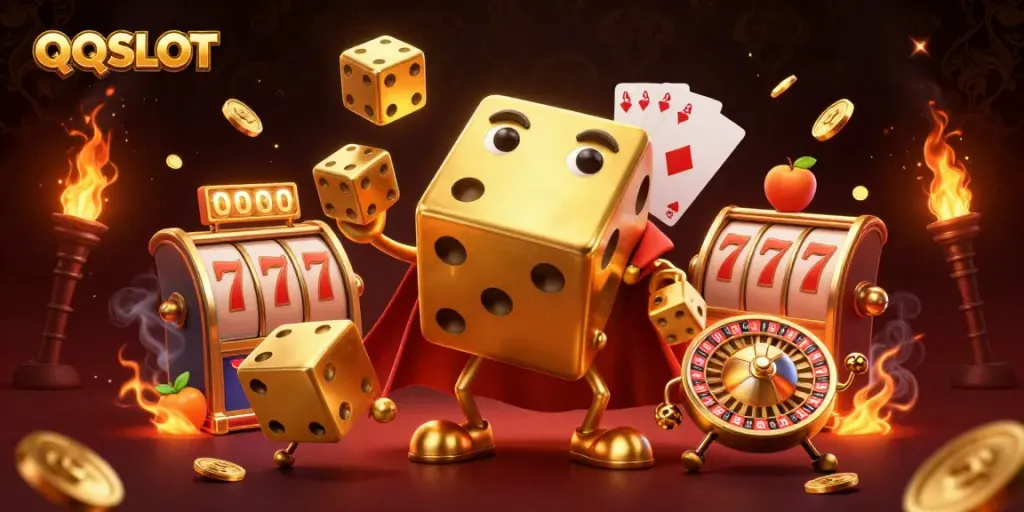 Experience QQSLOT with a captivating illustration of a golden dice golem in a vibrant casino scene.