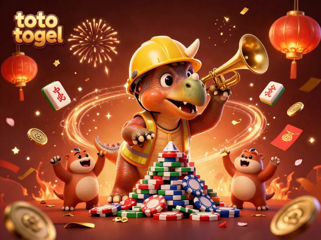 Experience the thrill of toto togel with triceratops and festive elements celebrating in a vibrant 3D scene.