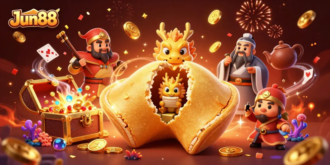 Enhance your gaming experience with the Jun88 online casino's vibrant fortune cookie and dragon illustration, featuring rich gaming elements.