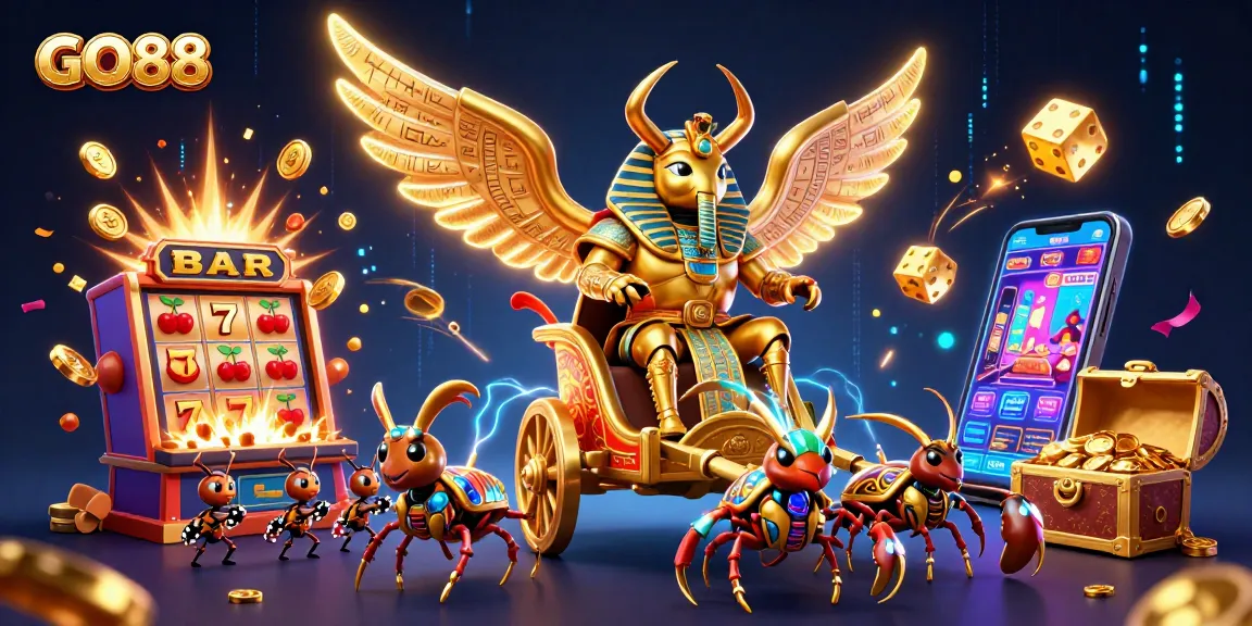 Engage with GO88's thrilling slot experience featuring an enchanting golden scarab and dynamic casino elements.