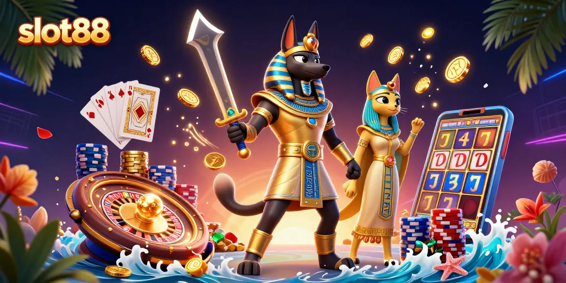 Experience slot88 excitement with Anubis and Bastet surrounded by dazzling casino elements.