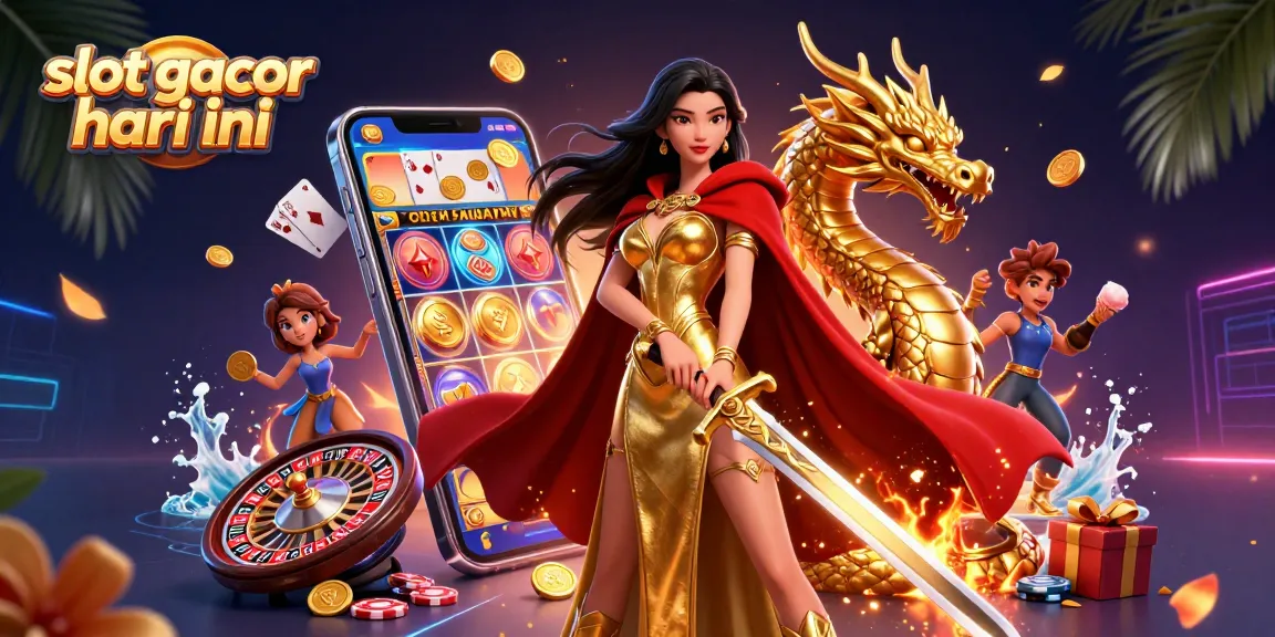 Engage with slot gacor hari ini through a vibrant 3D digital illustration showcasing a warrior queen amidst dynamic casino elements.