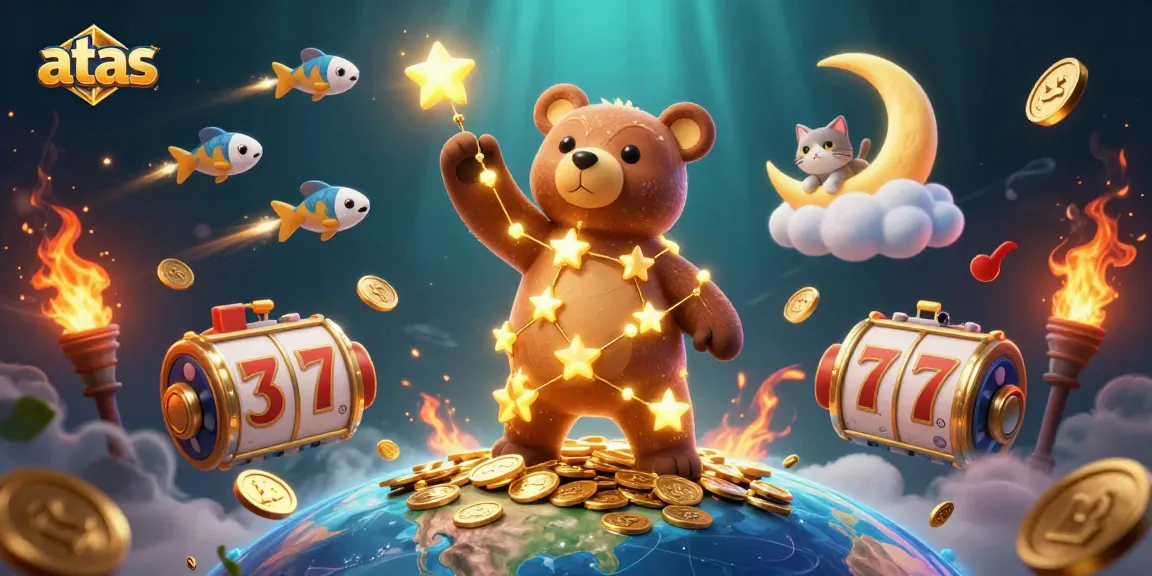 Engage with the atas gaming experience, showcasing a colorful constellation bear and thrilling slot reels.