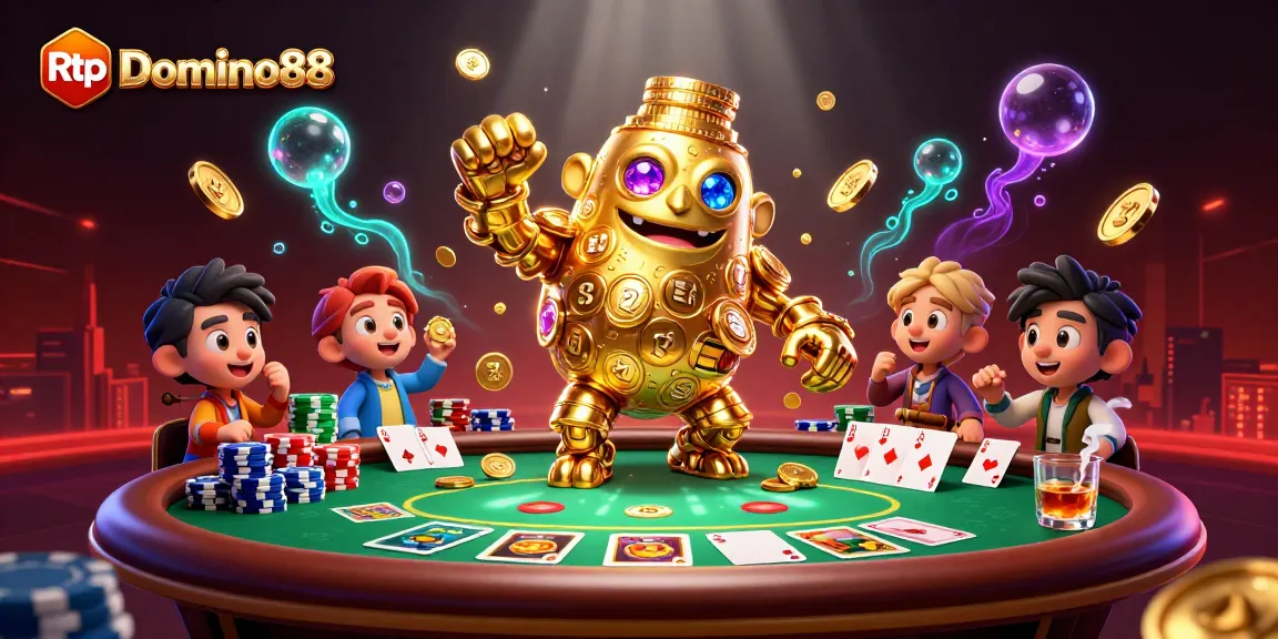 Engage with thrilling Rtp Domino88 gameplay, showcasing colorful slot symbols and poker elements in a vibrant casino atmosphere.