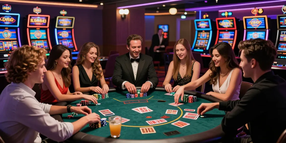 Vibrant KO66 Casino scene with friends enjoying poker and entertainment.
