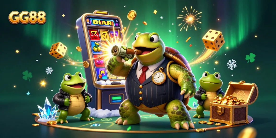 Experience the thrill of GG88 with a cartoon turtle mobster and jackpot chaos in a vibrant casino scene.