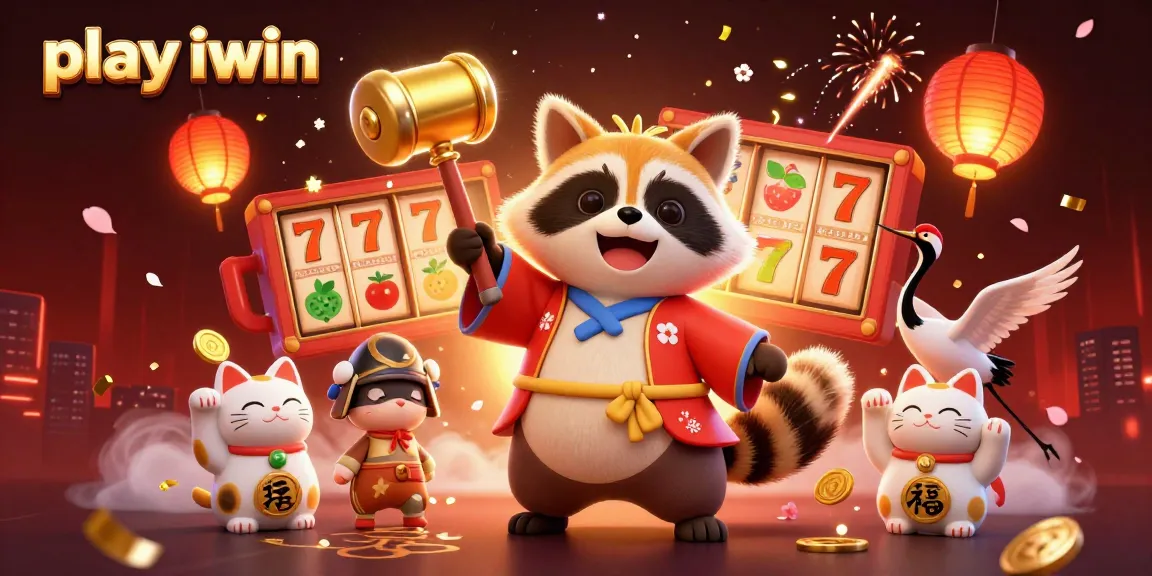 Play iwin with a vibrant 3D illustration featuring a cheerful tanuki and casino elements.