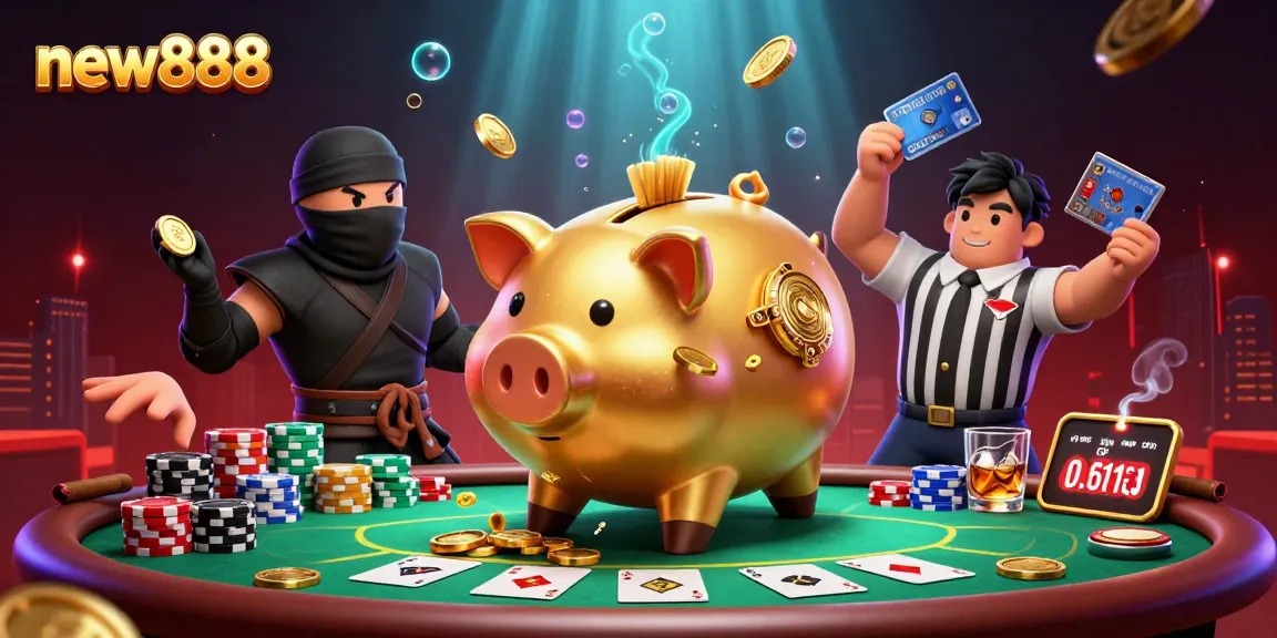 Experience the excitement of new888 with a vibrant 3D scene featuring lively casino characters and poker elements.