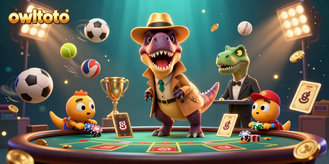 Experience exciting gaming at owltoto with a dynamic scene featuring casino characters and vibrant sports elements.