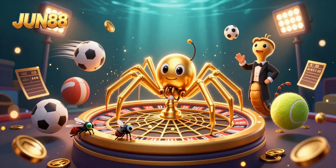Engage in thrilling betting action at JUN88, with a vibrant casino scene featuring a roulette-wielding spider and a dynamic croupier.