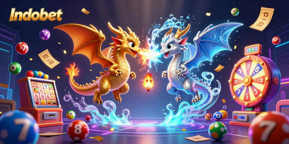 Indobet menghadirkan gambar ilustrasi kasino yang kaya dengan naga, simbol keberuntungan, dan bola lotere.