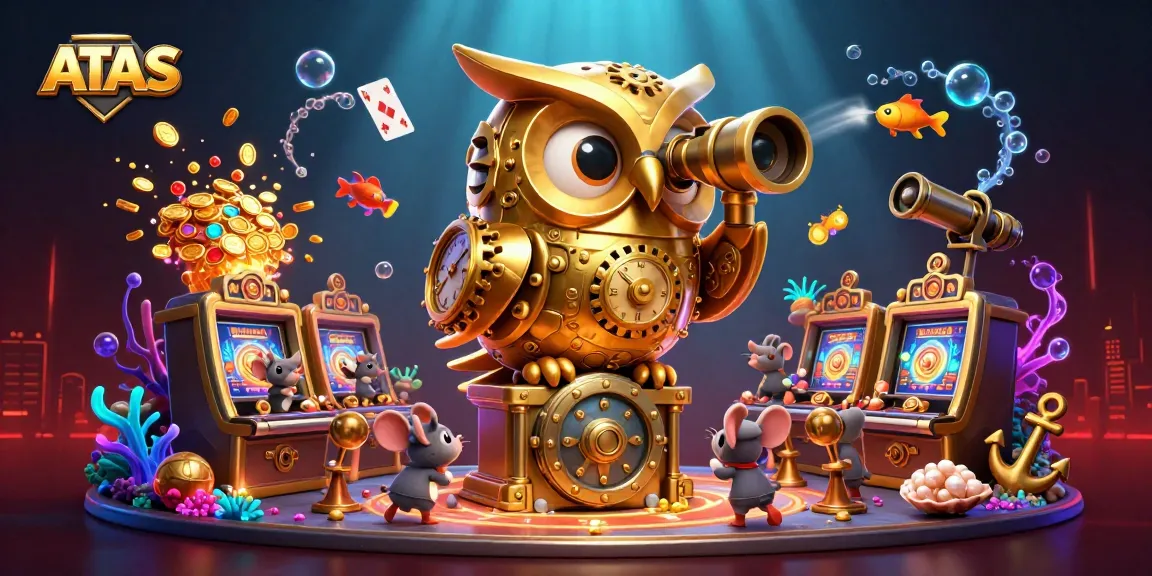 Experience ATAS with a vibrant casino floor featuring a golden owl and colorful slot machines.