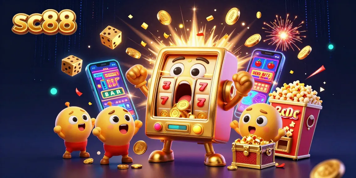 Win big on sc88 with a jackpot celebration featuring vibrant slot machines and dynamic casino elements.