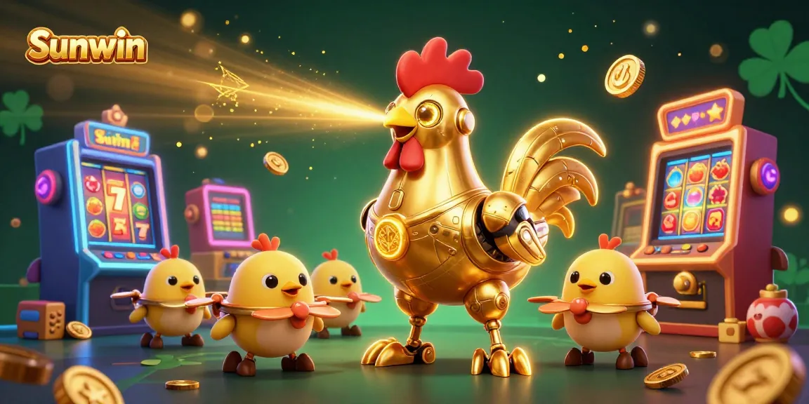 Sunwin elevates your gaming experience with vibrant slot machines and a dynamic golden rooster.