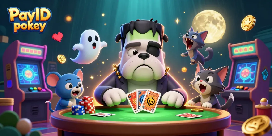 Engaging PayID pokies scene with a cartoon bulldog dealing cards, a ghost mouse, and a werewolf kitten.