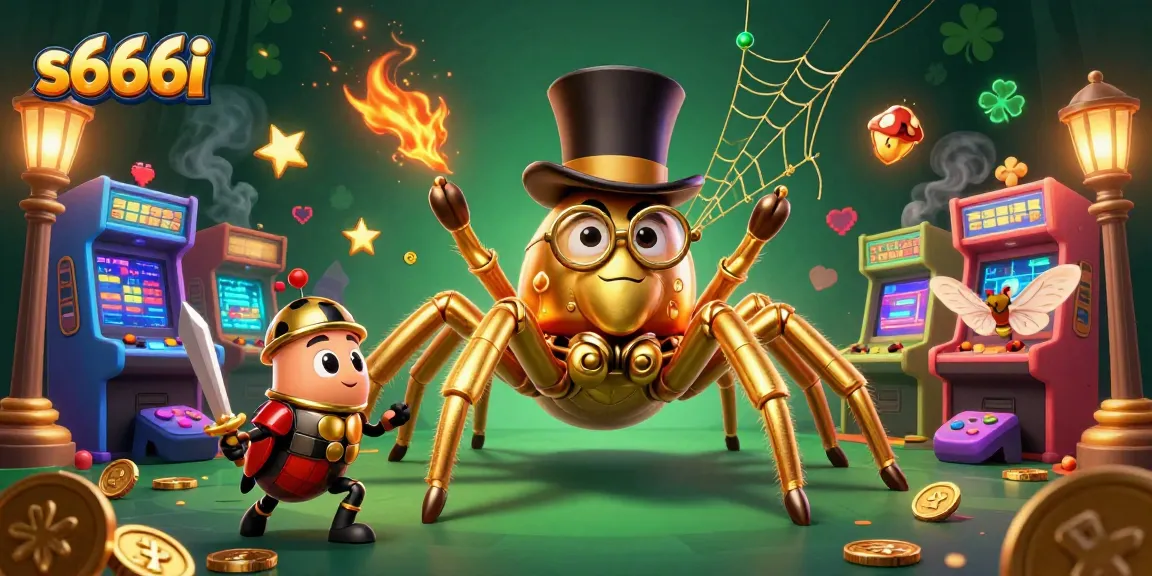 Experience the thrilling gaming action at s666i with a captivating 3D illustration of a golden tarantula and adventurous knight.