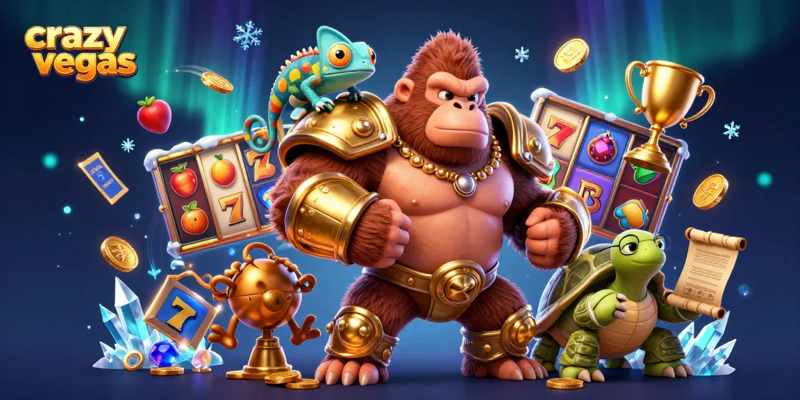 Experience the thrill of crazyvegas with a gorilla king in armor surrounded by slot reels and colorful casino elements.