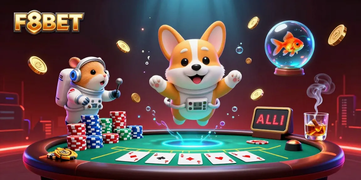 F8BET astronauts enjoy dynamic casino experience amidst floating poker chips and vibrant colors.
